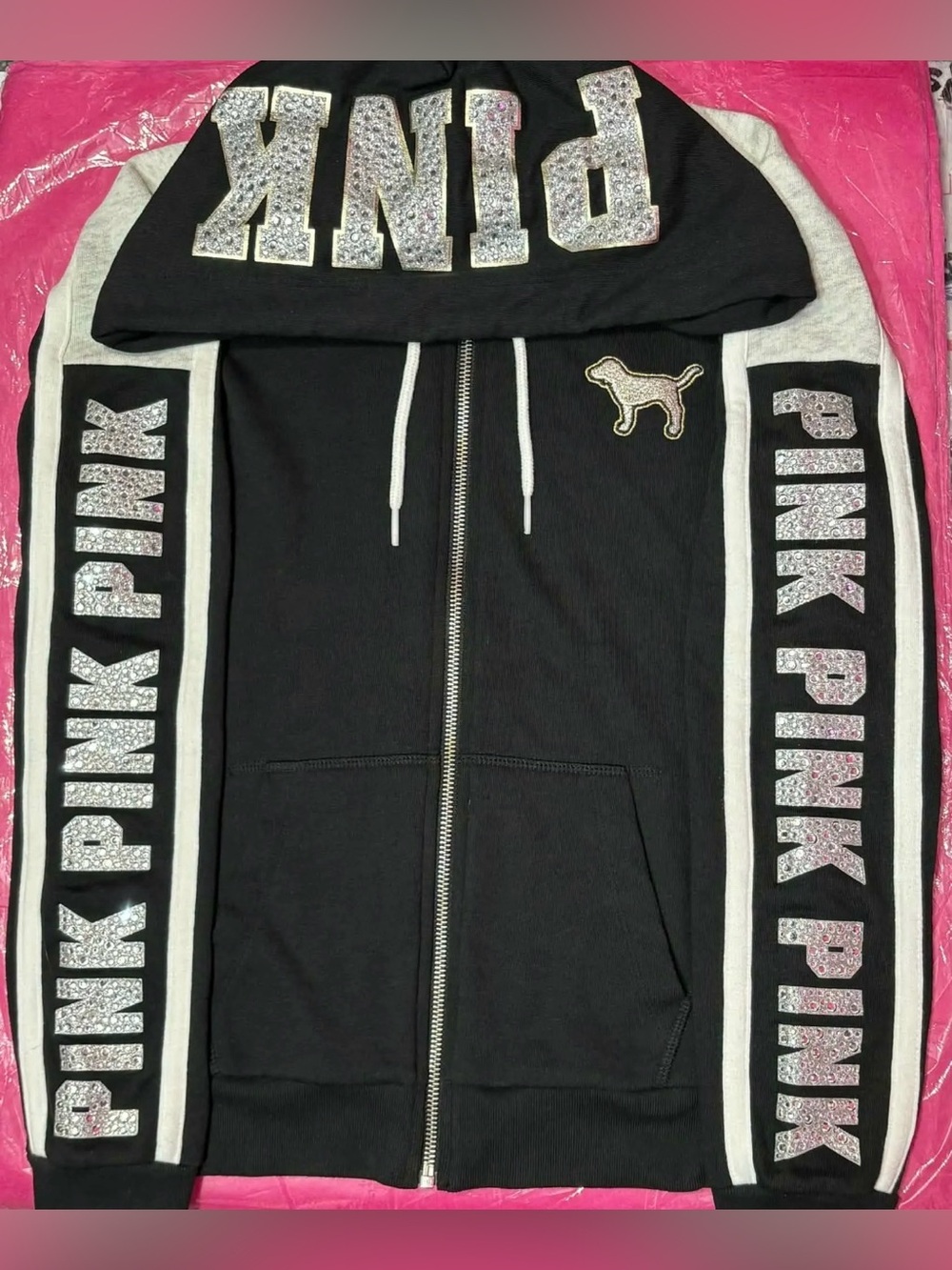 Victoria's Secret PINK Black Zip-Up Hoodie with Rhinestones Logo